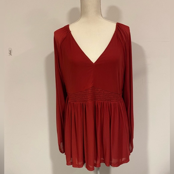 Torrid Dark Red‎ Burnt Orange Mesh Peasant Babydoll Top Size 2 - Picture 1 of 8